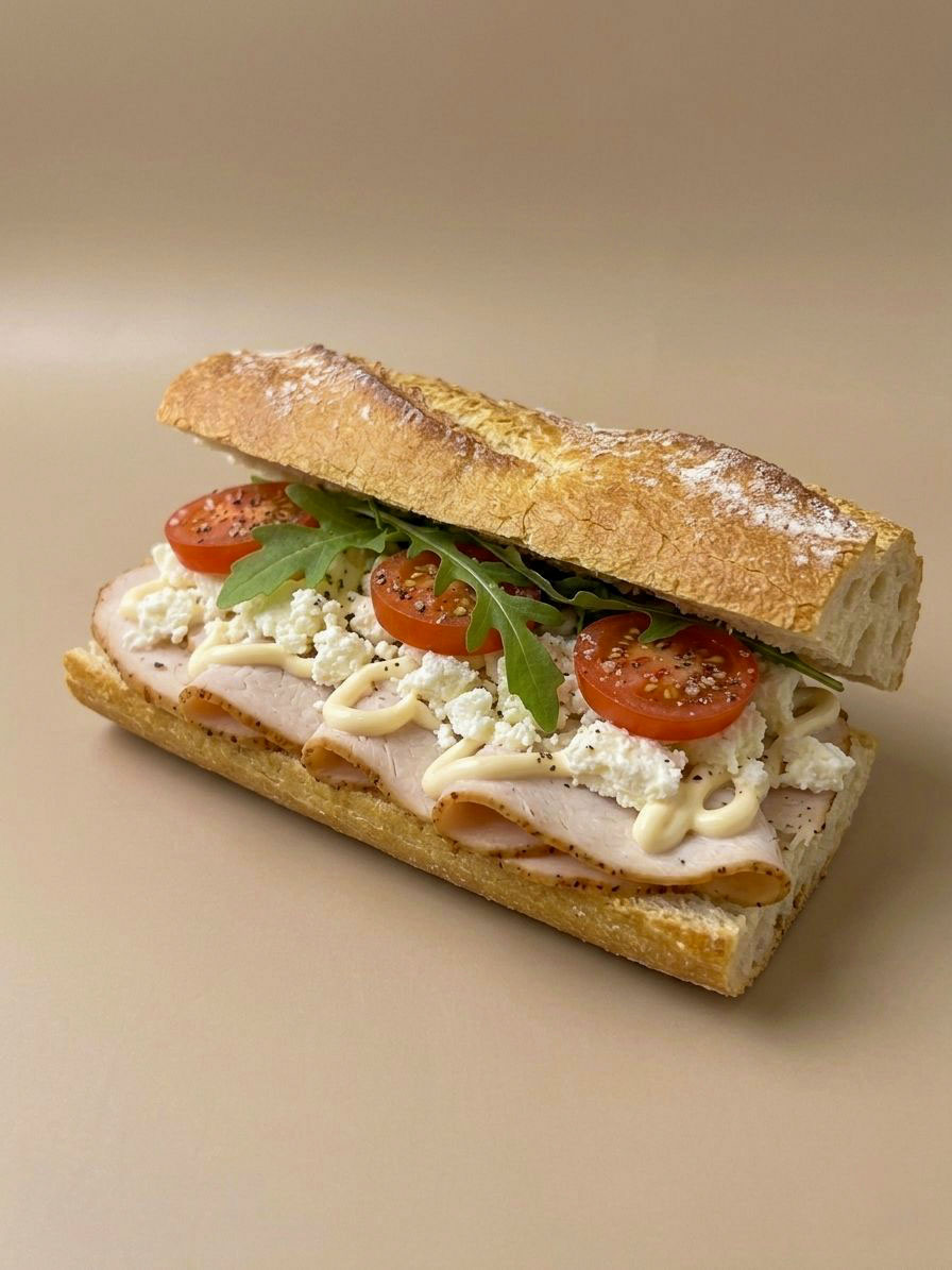 Firenze sandwich with turkey, feta, mayo and arugula on a fresh baguette
