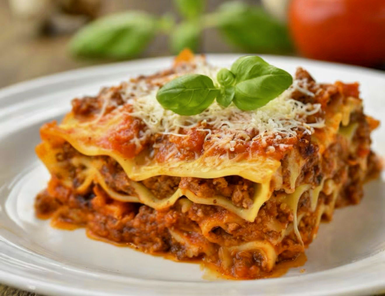 Layered lasagna with melted mozzarella and bolognese sauce, topped with fresh basil
